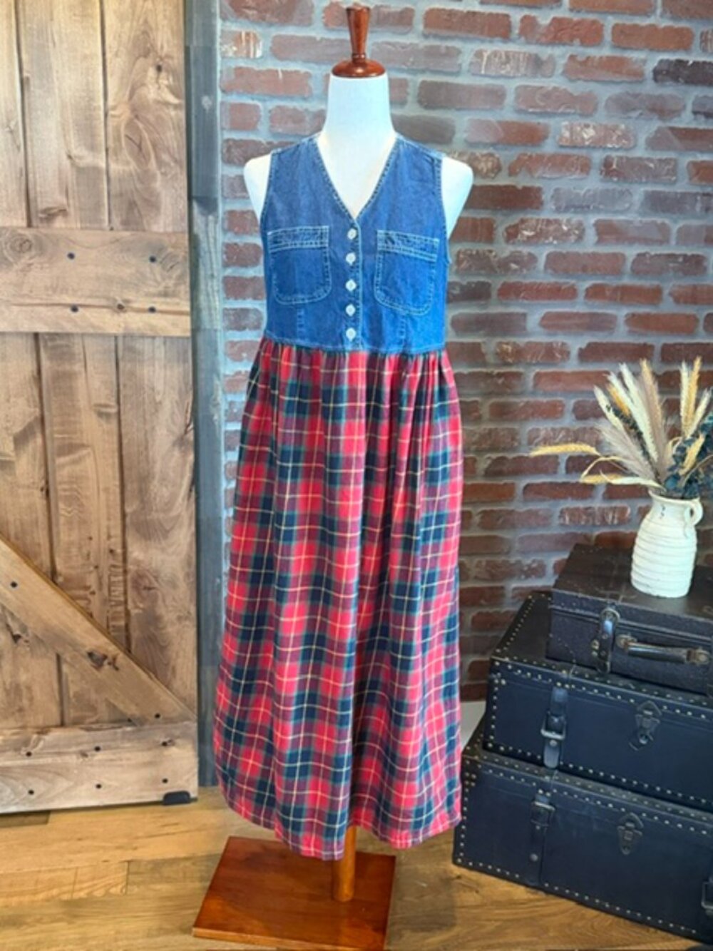 Jones New York Sport Denim & Plaid Midi/Maxi Cottage Core Dress